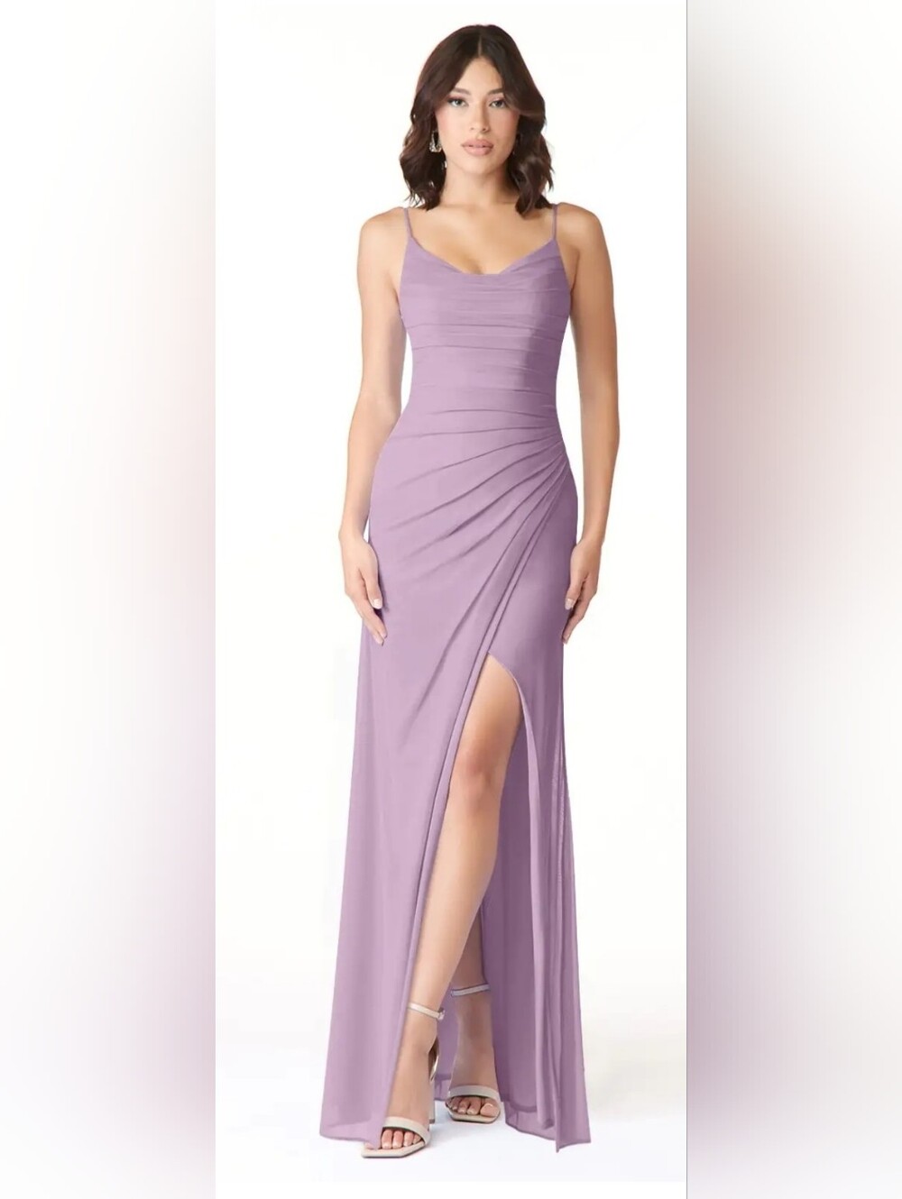 Azazie Lilac Spaghetti-Strap Ruched Side-Slit Gown